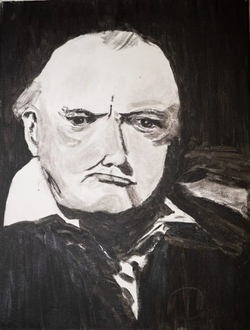 A black and white painting of an old man.