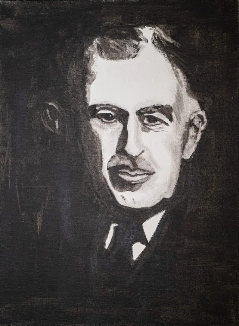 A black and white painting of a man in suit.