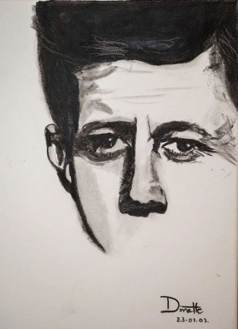 A black and white drawing of a man 's face.