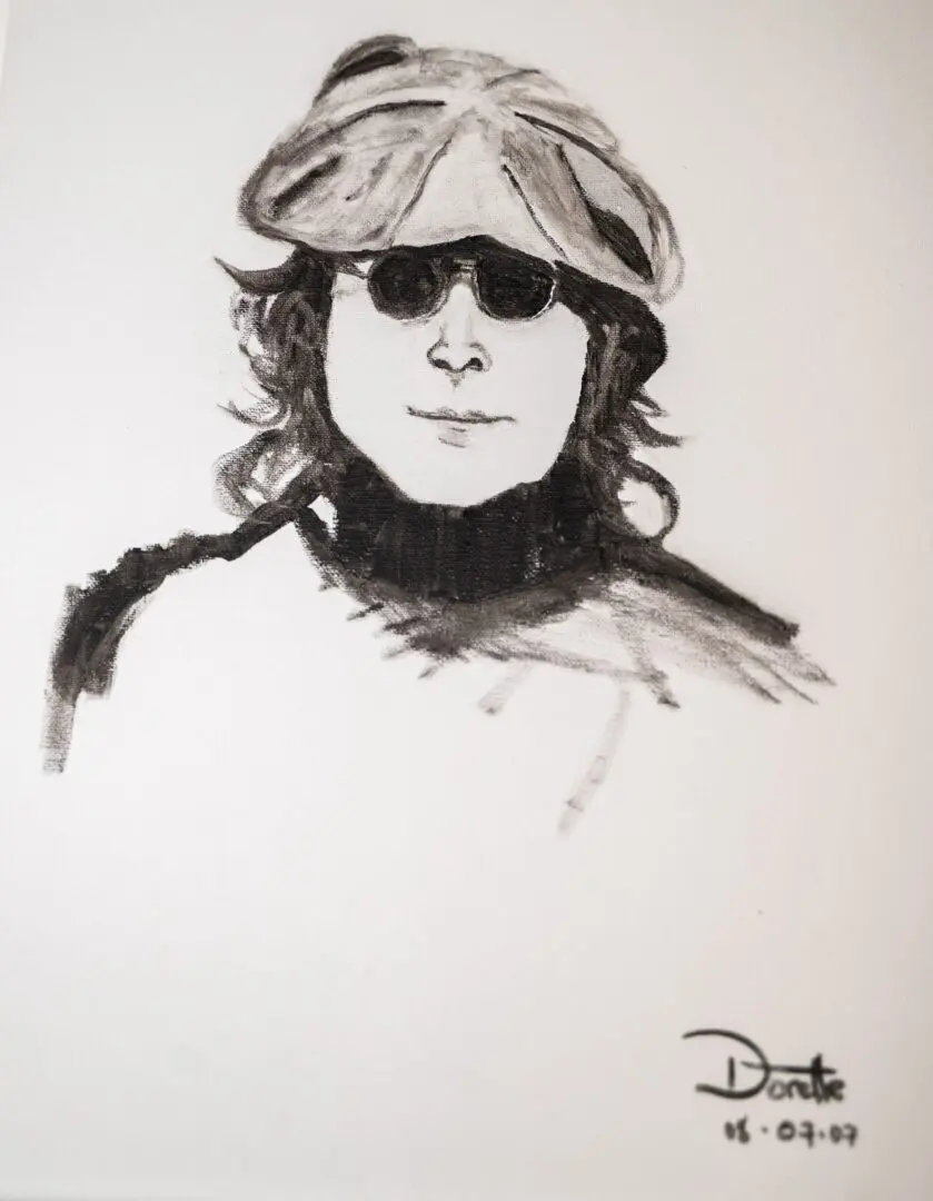 A drawing of john lennon wearing sunglasses and hat.