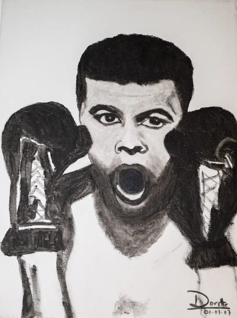 A drawing of a man with boxing gloves on.