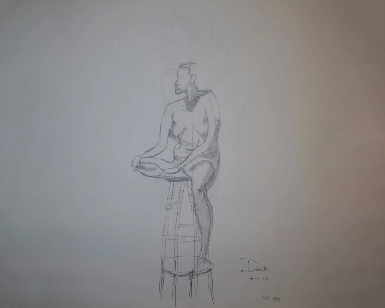 A sketch painting of an old man sitting on a table